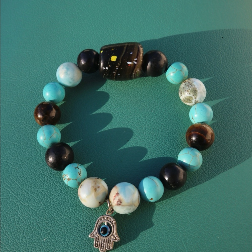 Turquoise and Black Beaded Bracelet with Hamsa Charm
